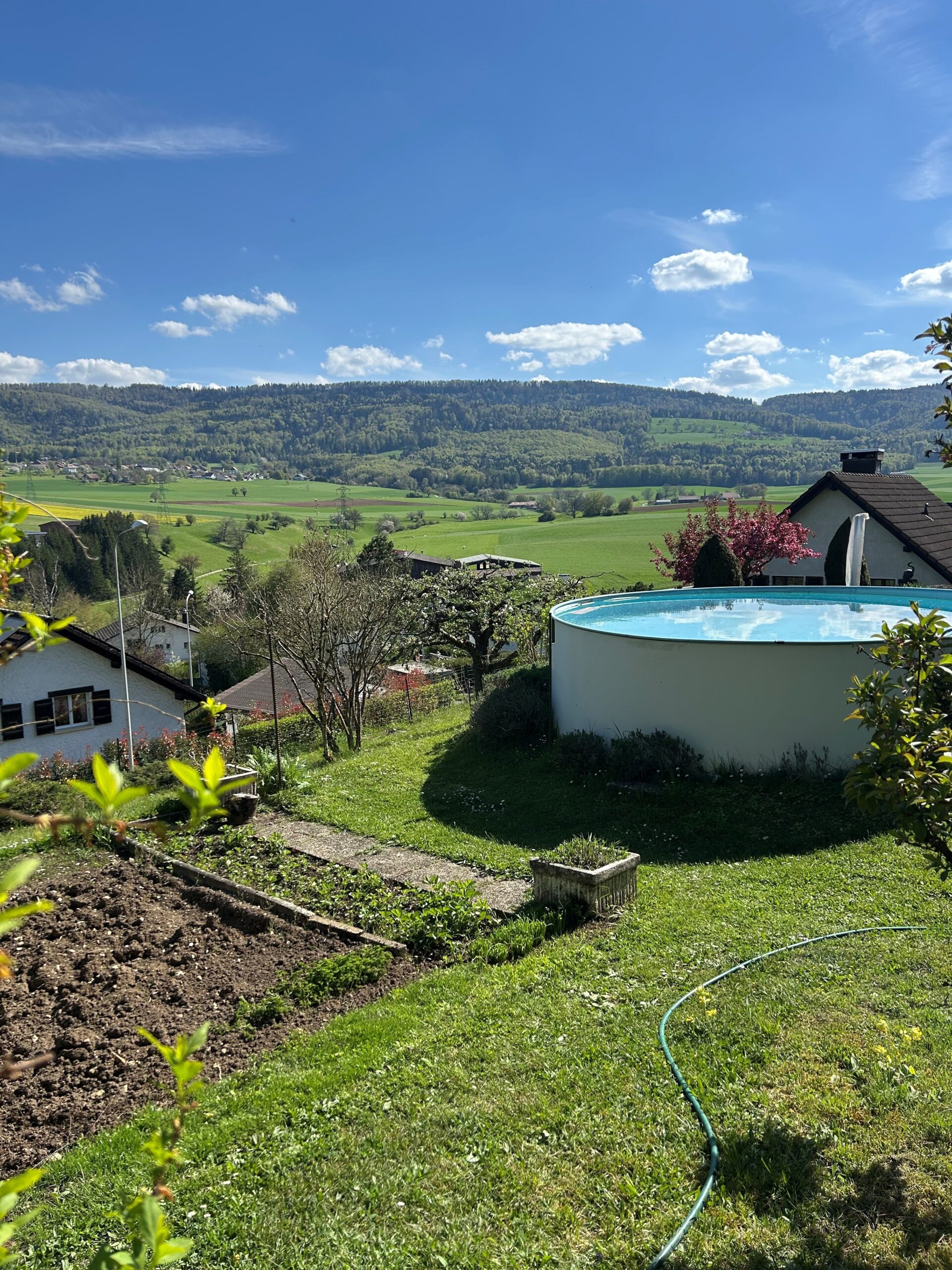 Garten mit Pool und Bergblick