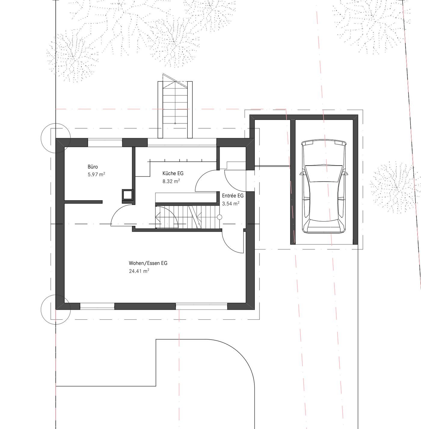 Erdgeschoss-Grundriss mit Wohnen, Küche, Büro und Entrée