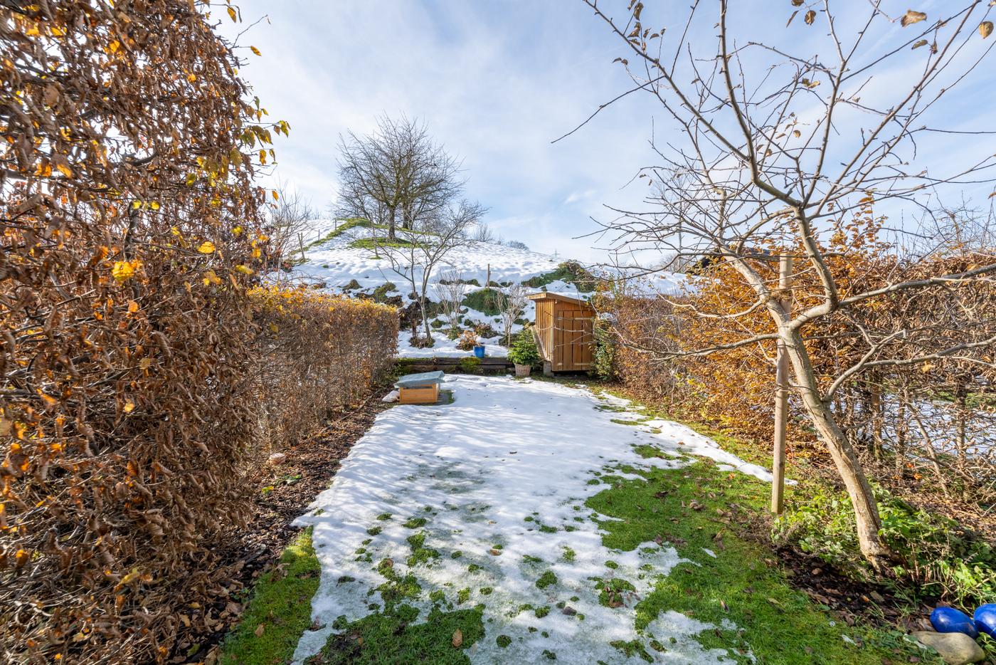 Verschneiter Garten mit Schuppen