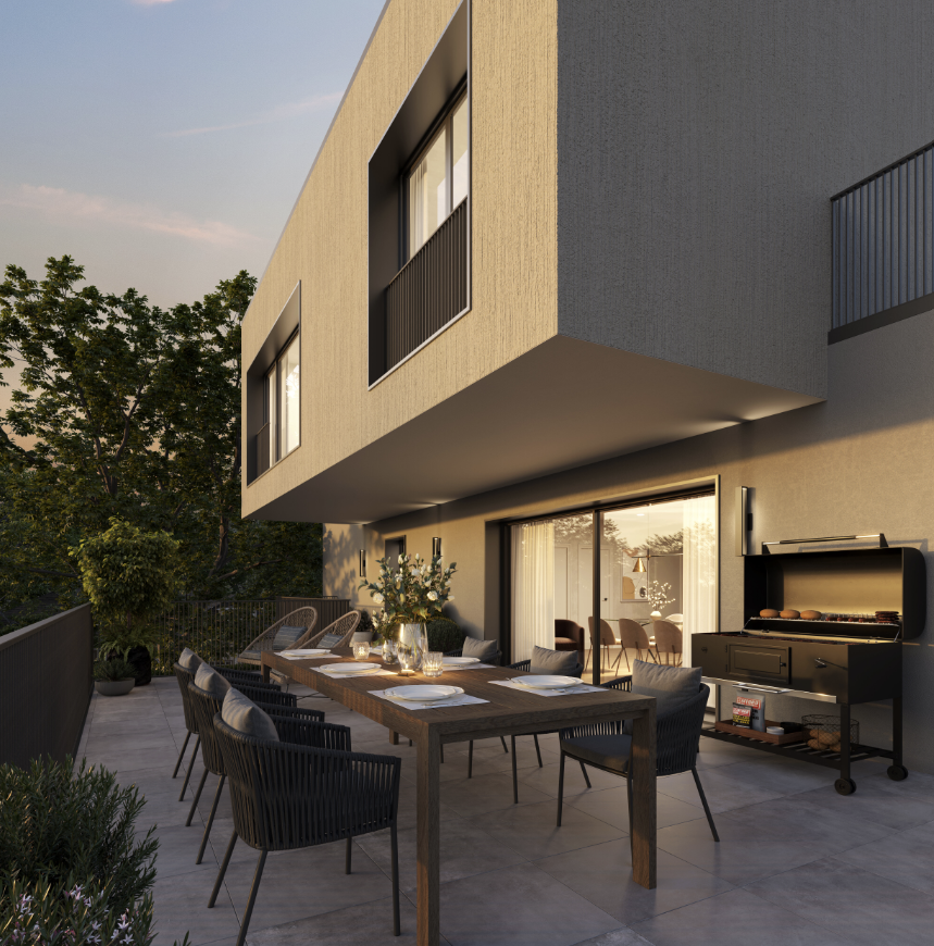 Moderne Terrasse mit Essbereich und Grill