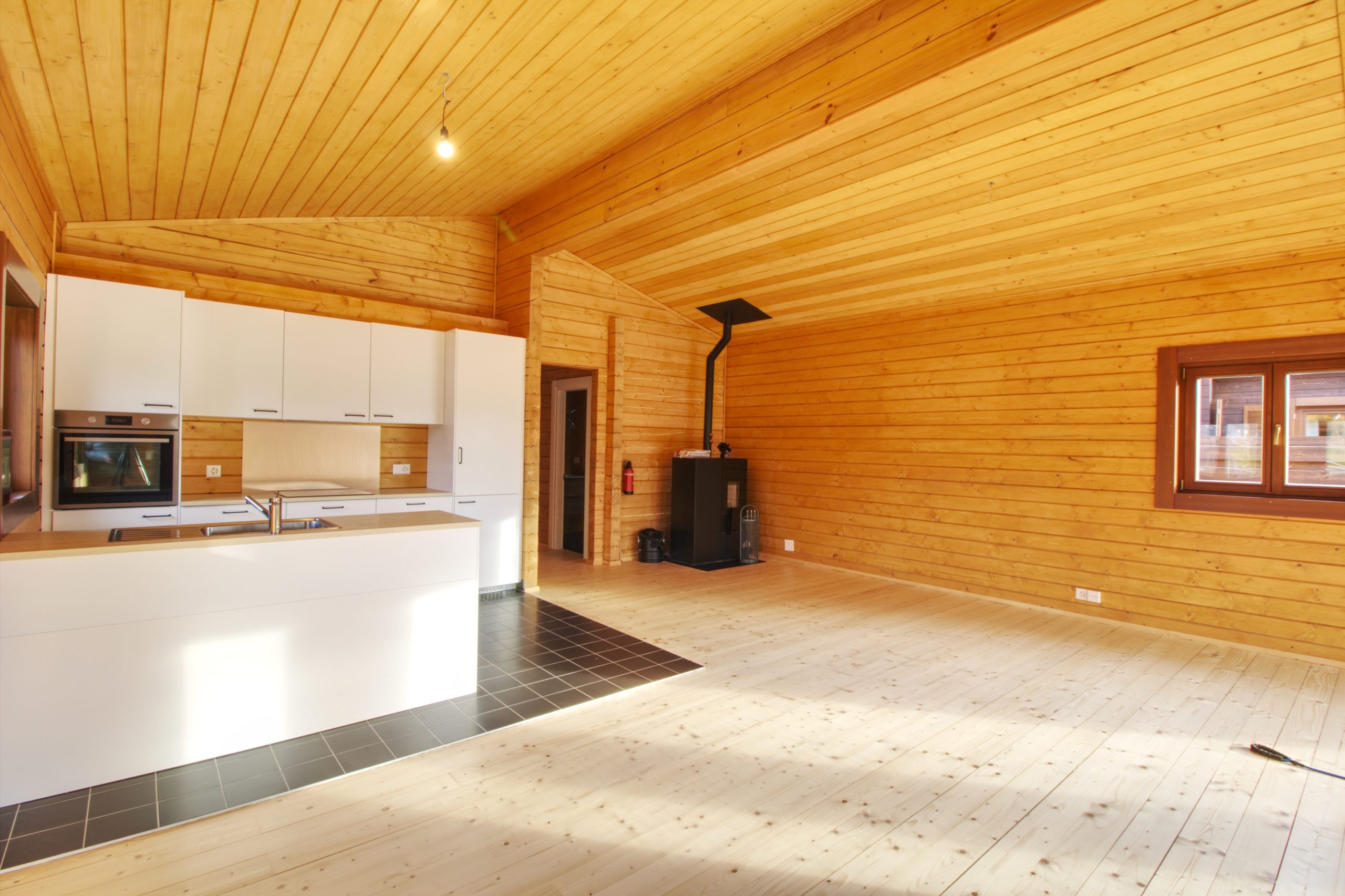 Heller Wohnraum mit offener Küche und Holzverkleidung