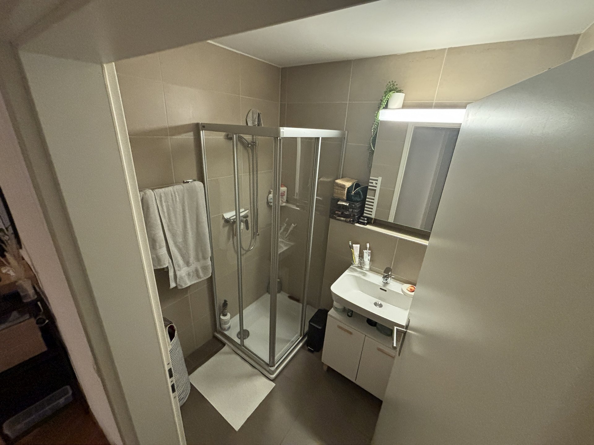 Kompaktes Badezimmer mit Dusche und Waschplatz