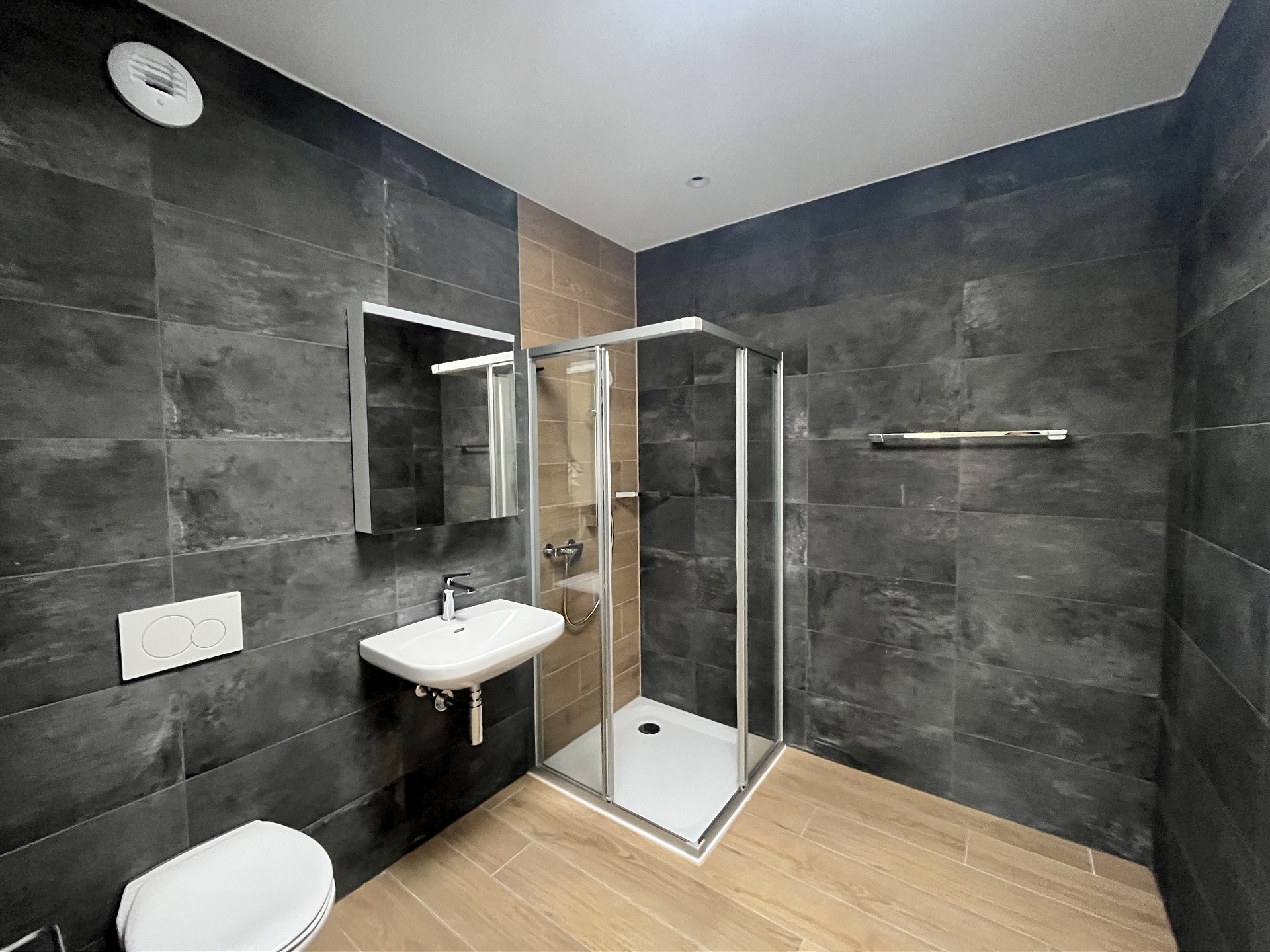 Modernes Badezimmer mit dunkler Steinoptik und Dusche