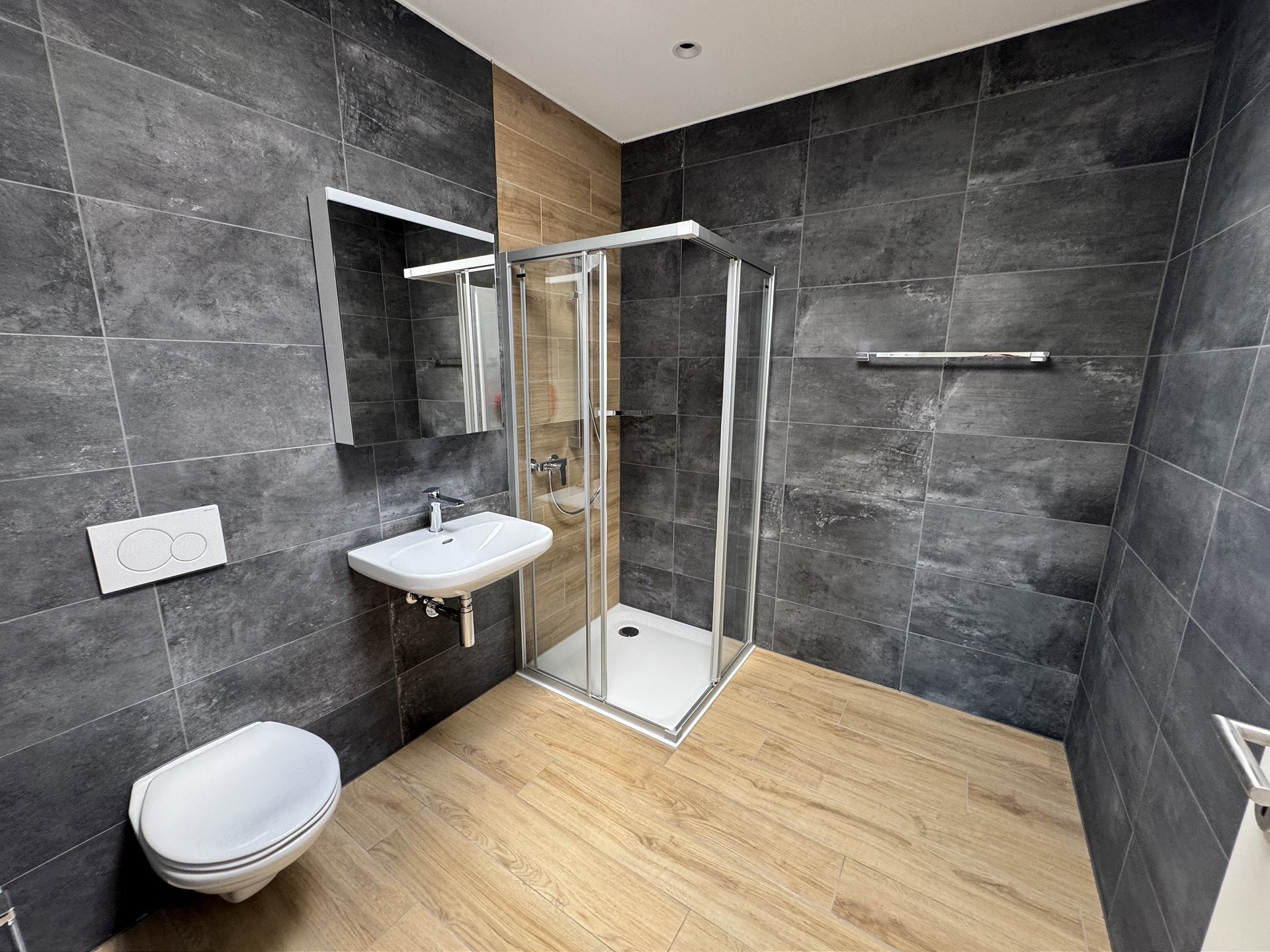 Modernes Badezimmer mit Dusche und Wand-WC