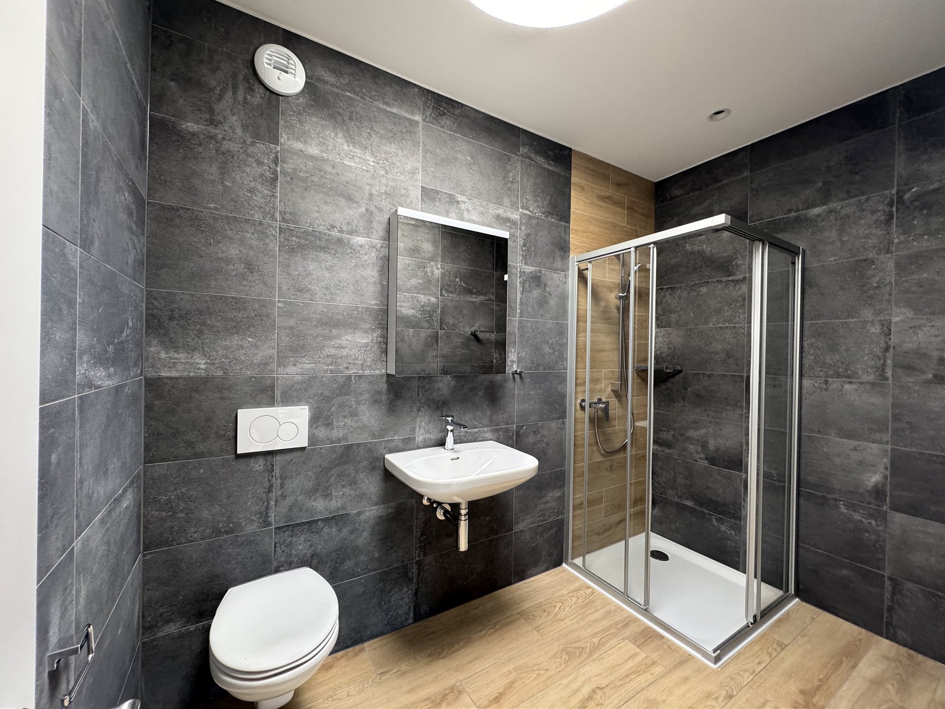 Modernes Badezimmer mit Dusche und Wand-WC