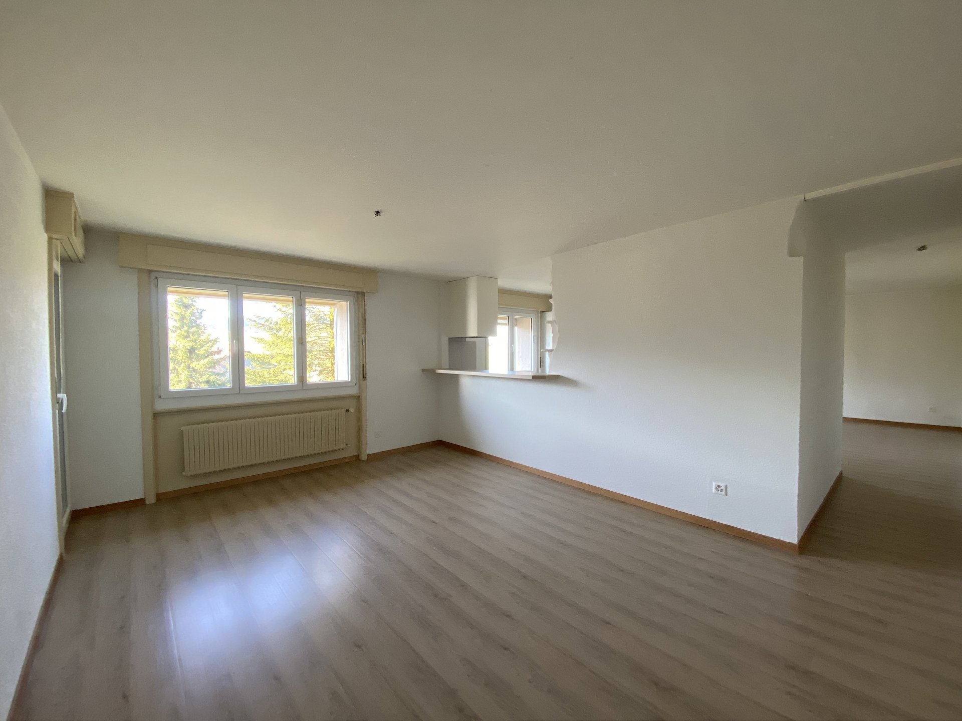 Leerer Wohnraum mit Fensterfront