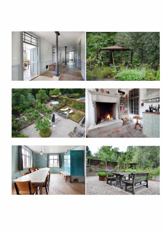 Zusammenstellung aus Innen- und Außenansichten eines Landhauses mit Garten