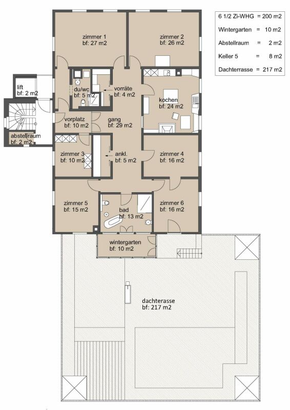 Grundriss einer Wohnung mit Dachterrasse und Wintergarten