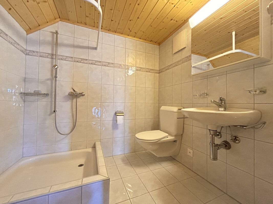 Badezimmer mit Badewanne, Dusche und WC