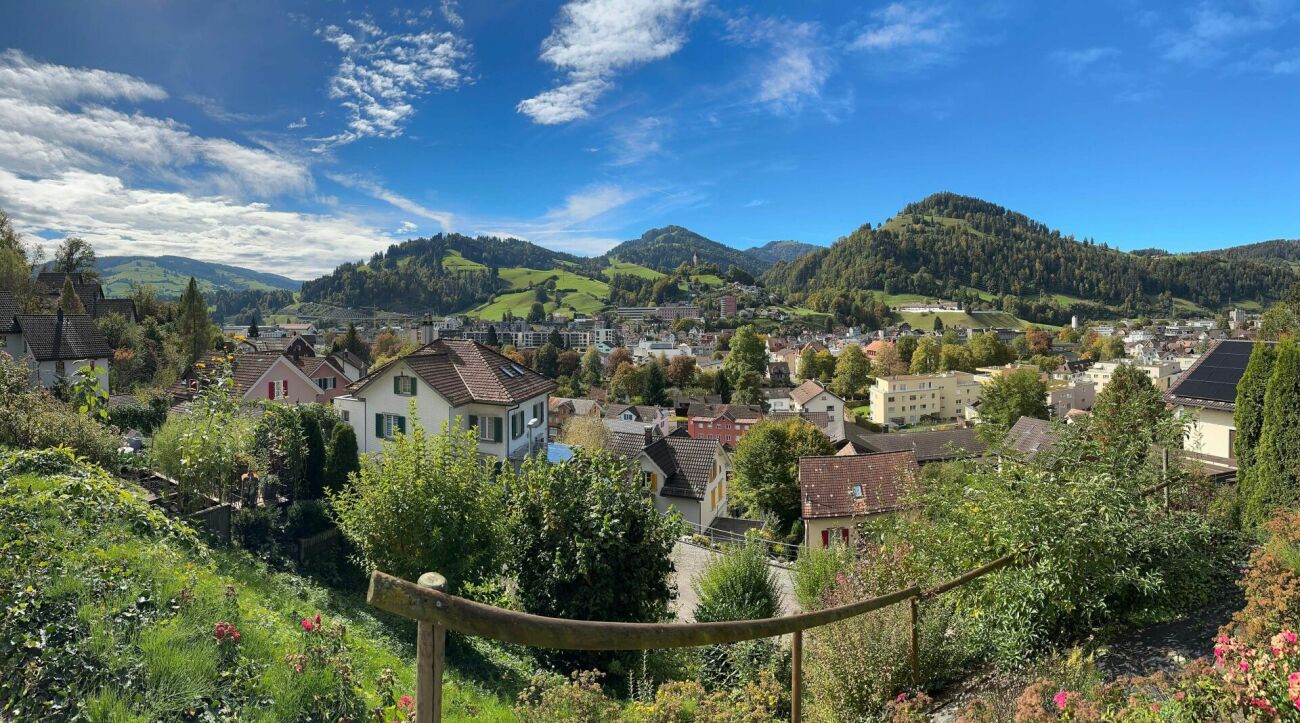 Panoramablick über eine Hügellandschaft mit Wohnbebauung