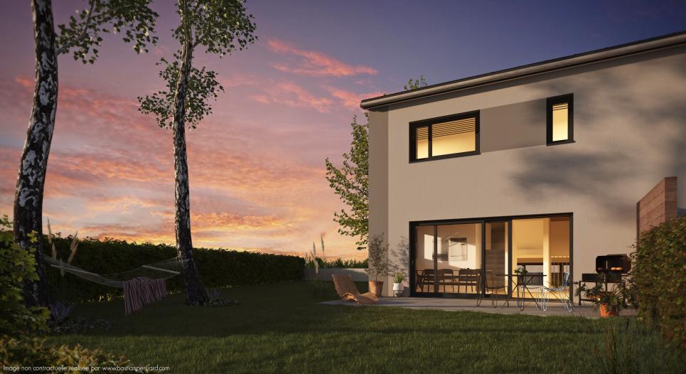 Modernes Einfamilienhaus mit Garten bei Sonnenuntergang