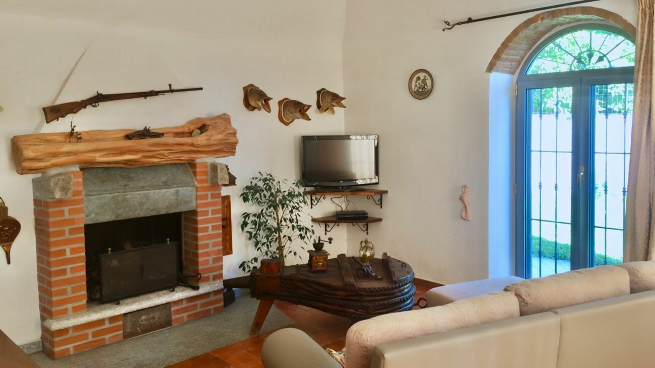 Wohnzimmer mit Kamin und Fensterbogen