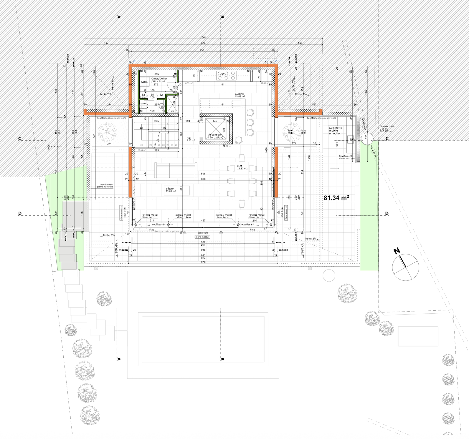 Grundriss eines Einfamilienhauses mit Garten und Pool