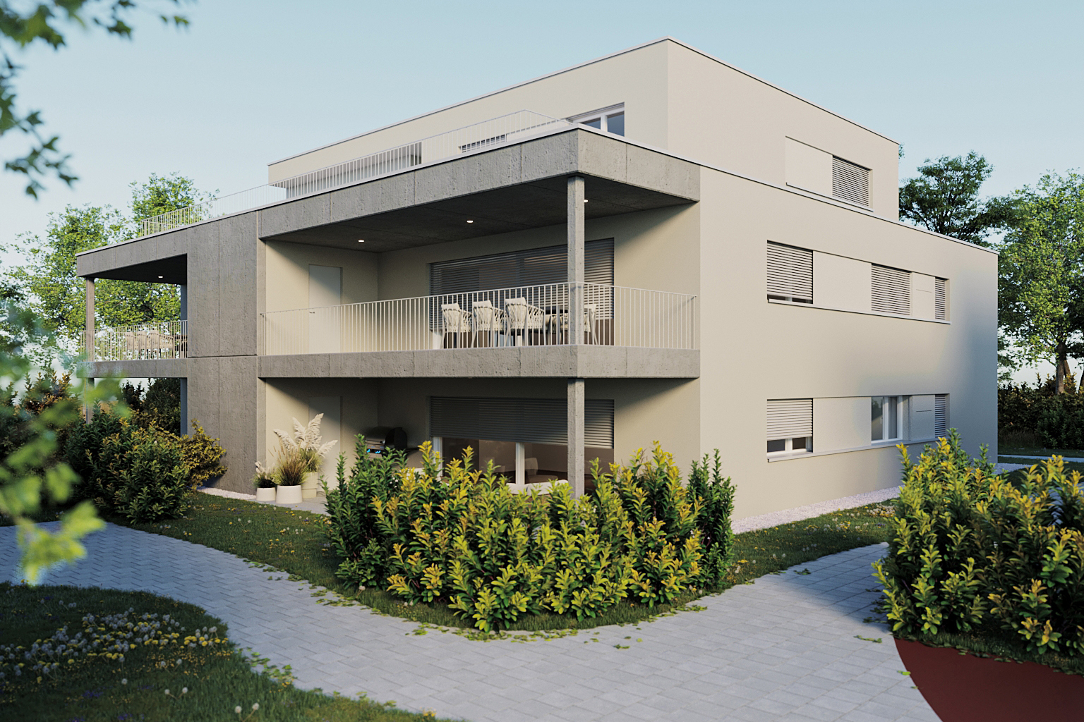 Modernes Mehrfamilienhaus mit großen Balkonen