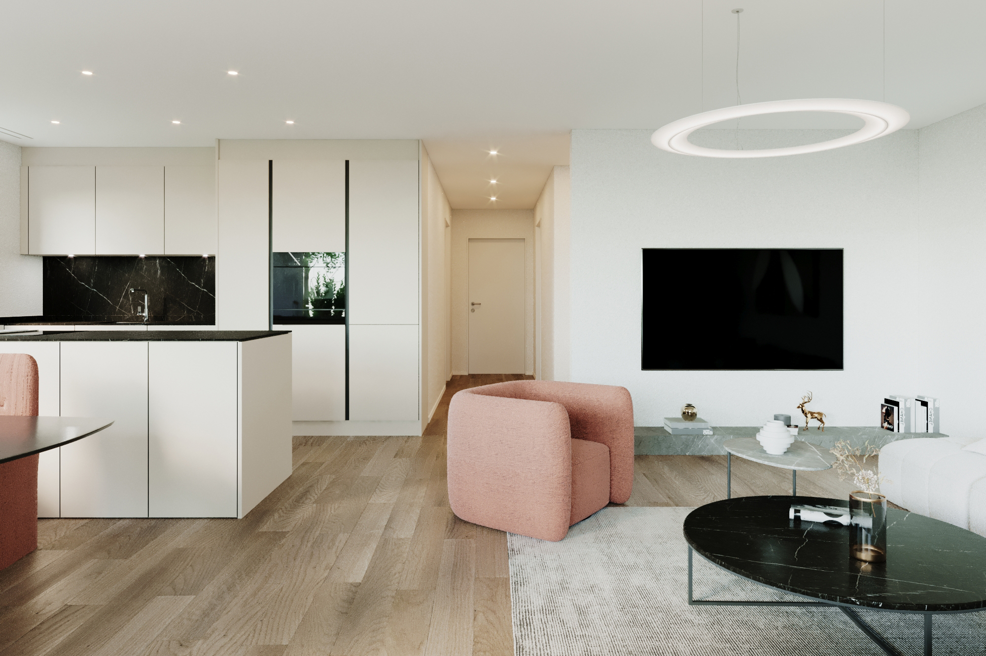 Modernes Wohn-Esszimmer mit offener Küche