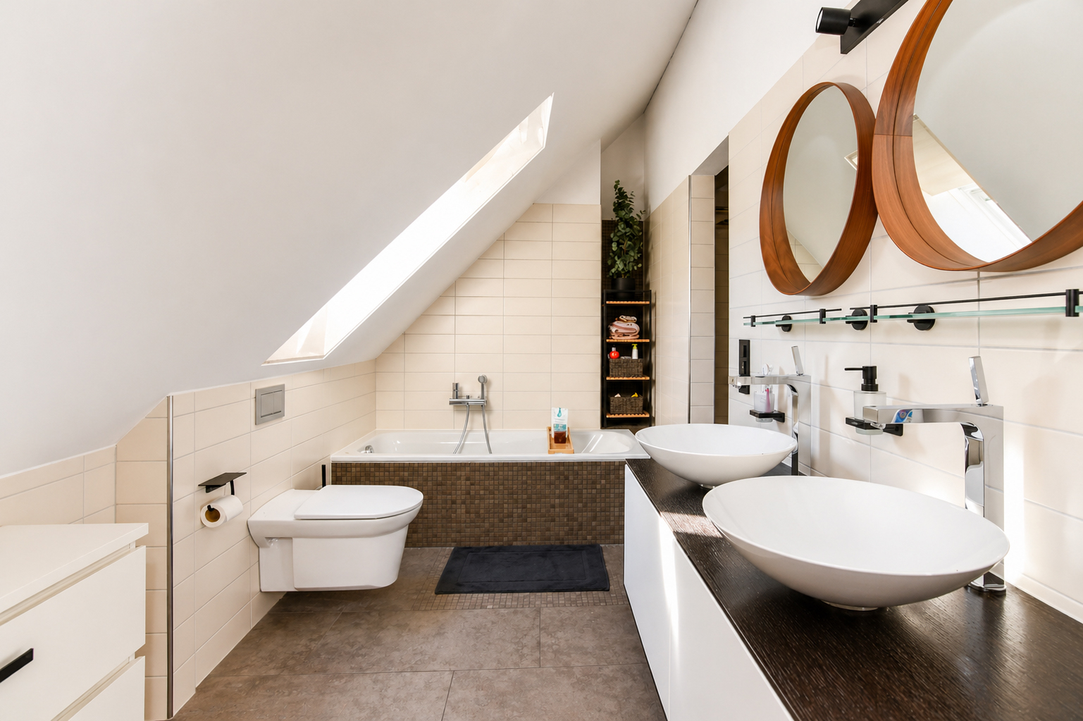 Modernes Dachgeschossbad mit Doppelwaschtisch