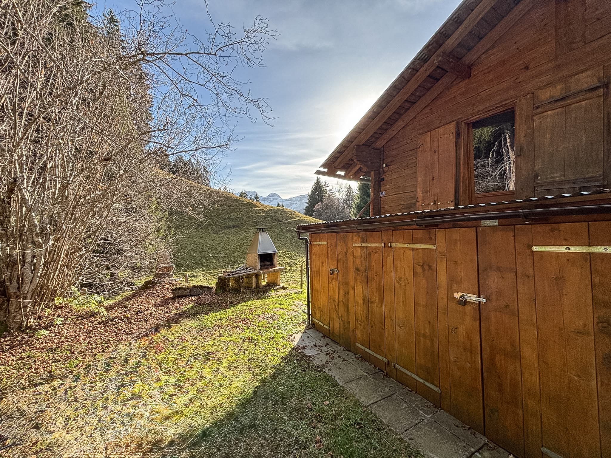 Alpine Außenbereich mit Holzgebäude und Grillplatz