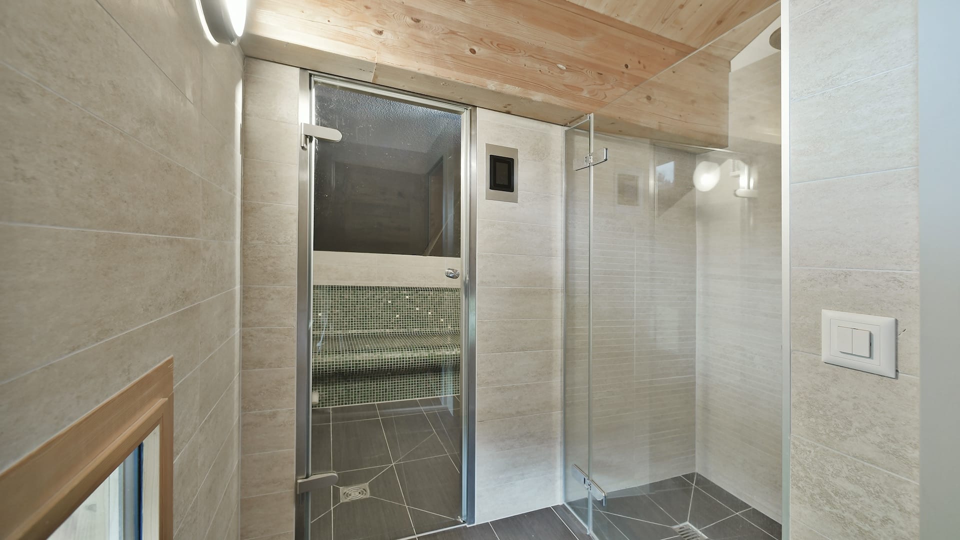 Moderne Badezimmerdusche mit Sauna-Blick