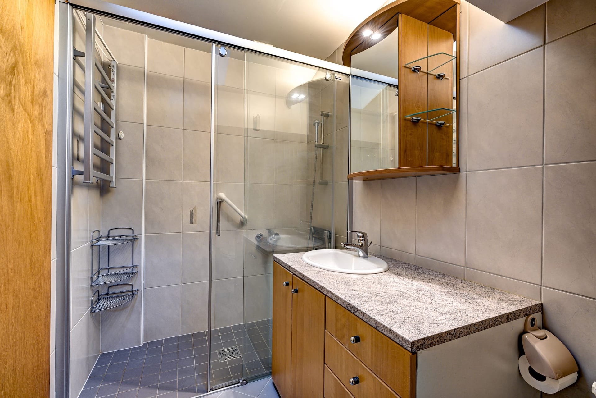 Modernes Bad mit Dusche und Waschtisch