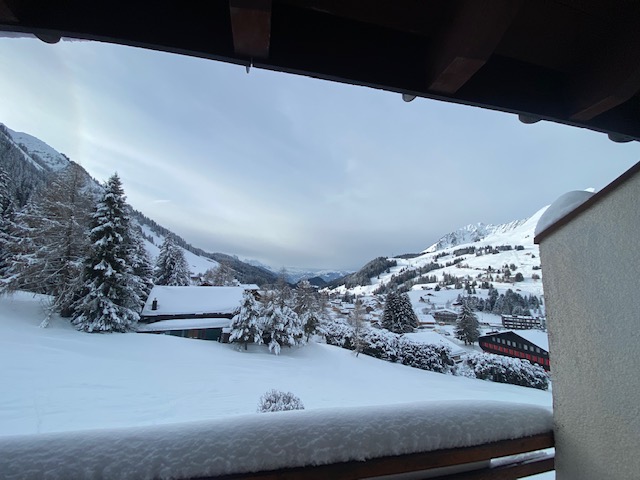 Schneebedeckter Bergblick vom Balkon