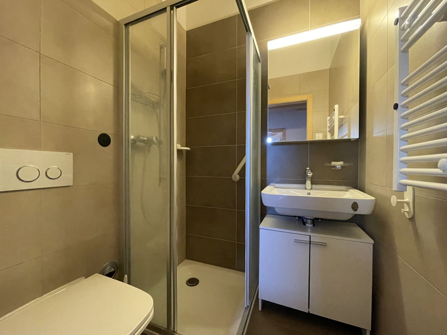 Modernes Badezimmer mit Dusche und Waschbereich