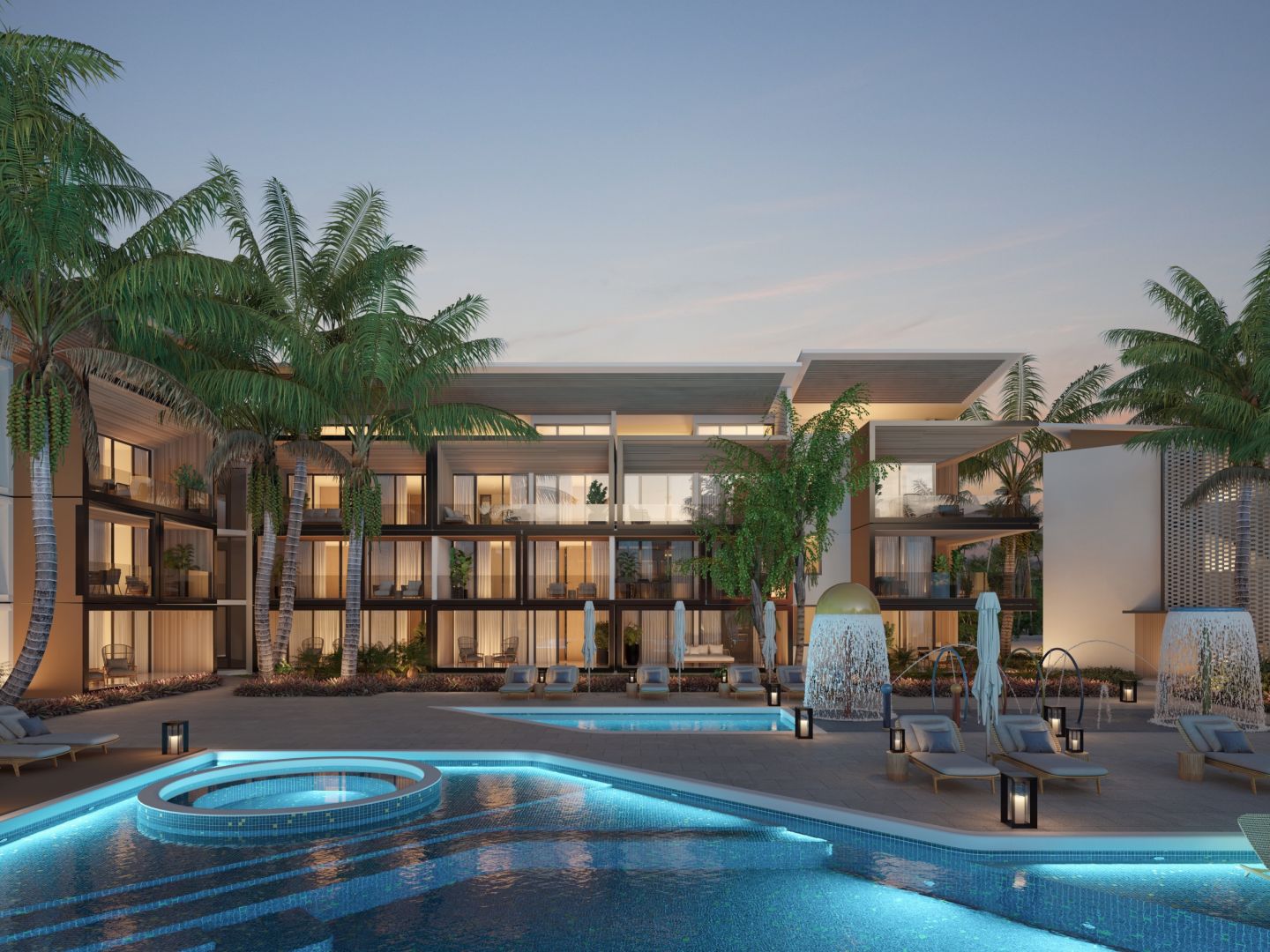 Luxuriöser Poolbereich vor einem modernen Resortgebäude