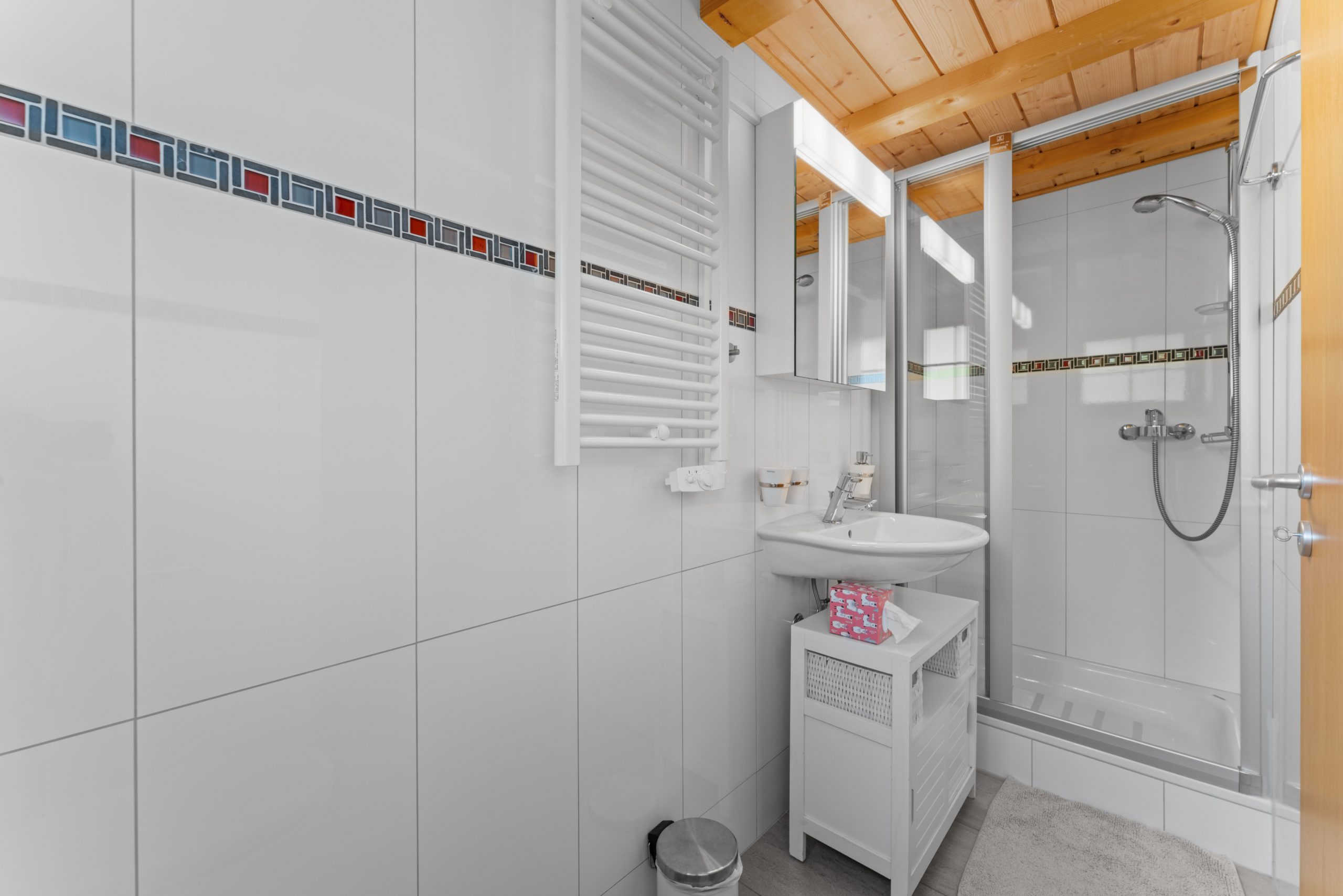 Modernes Badezimmer mit Dusche und Holzdecke