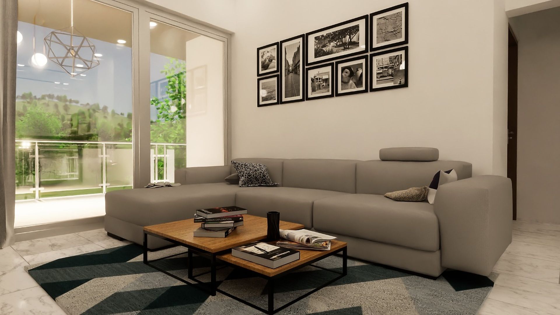 Modernes Wohnzimmer mit Balkonblick