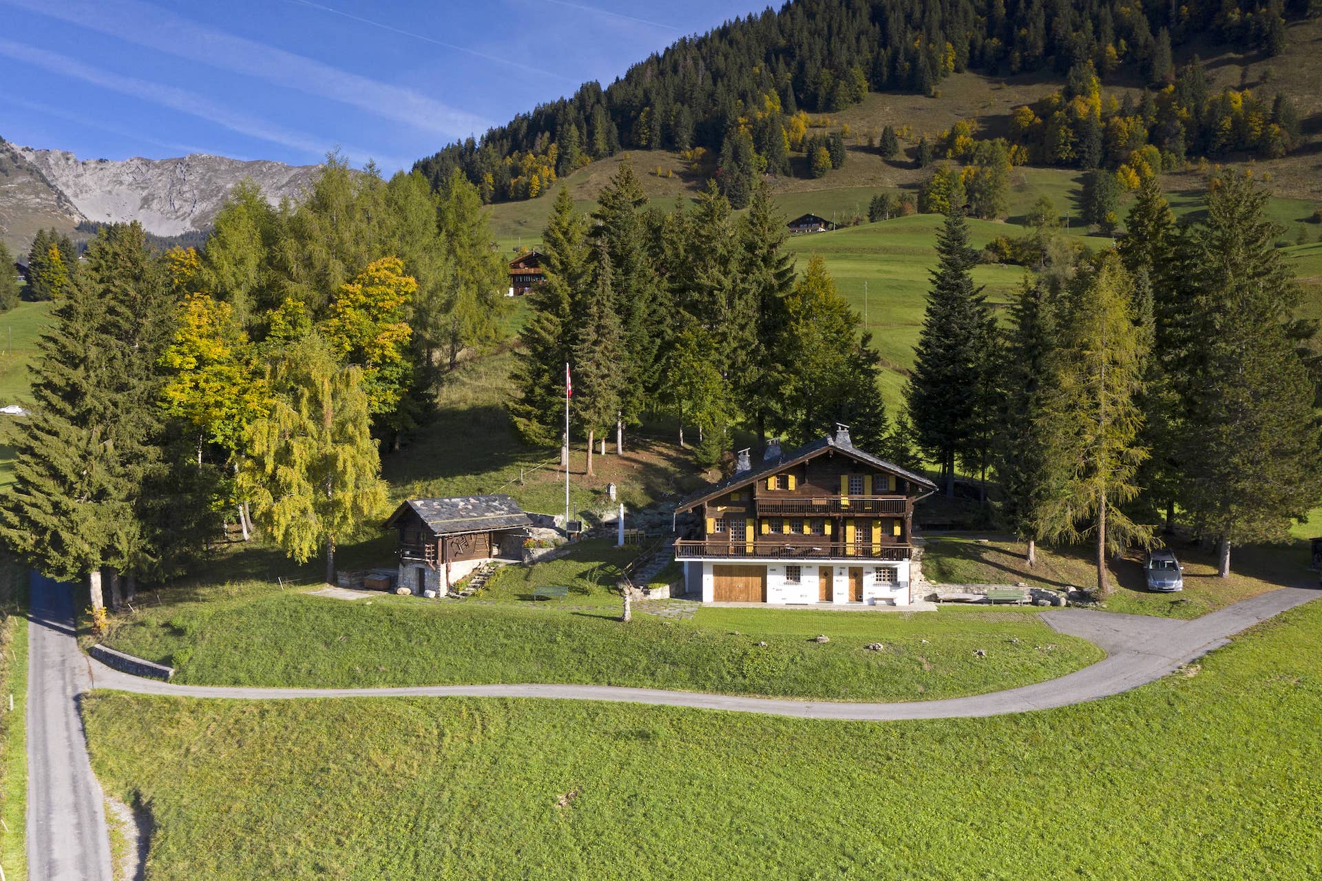 Alpenchalet in grüner Berglandschaft
