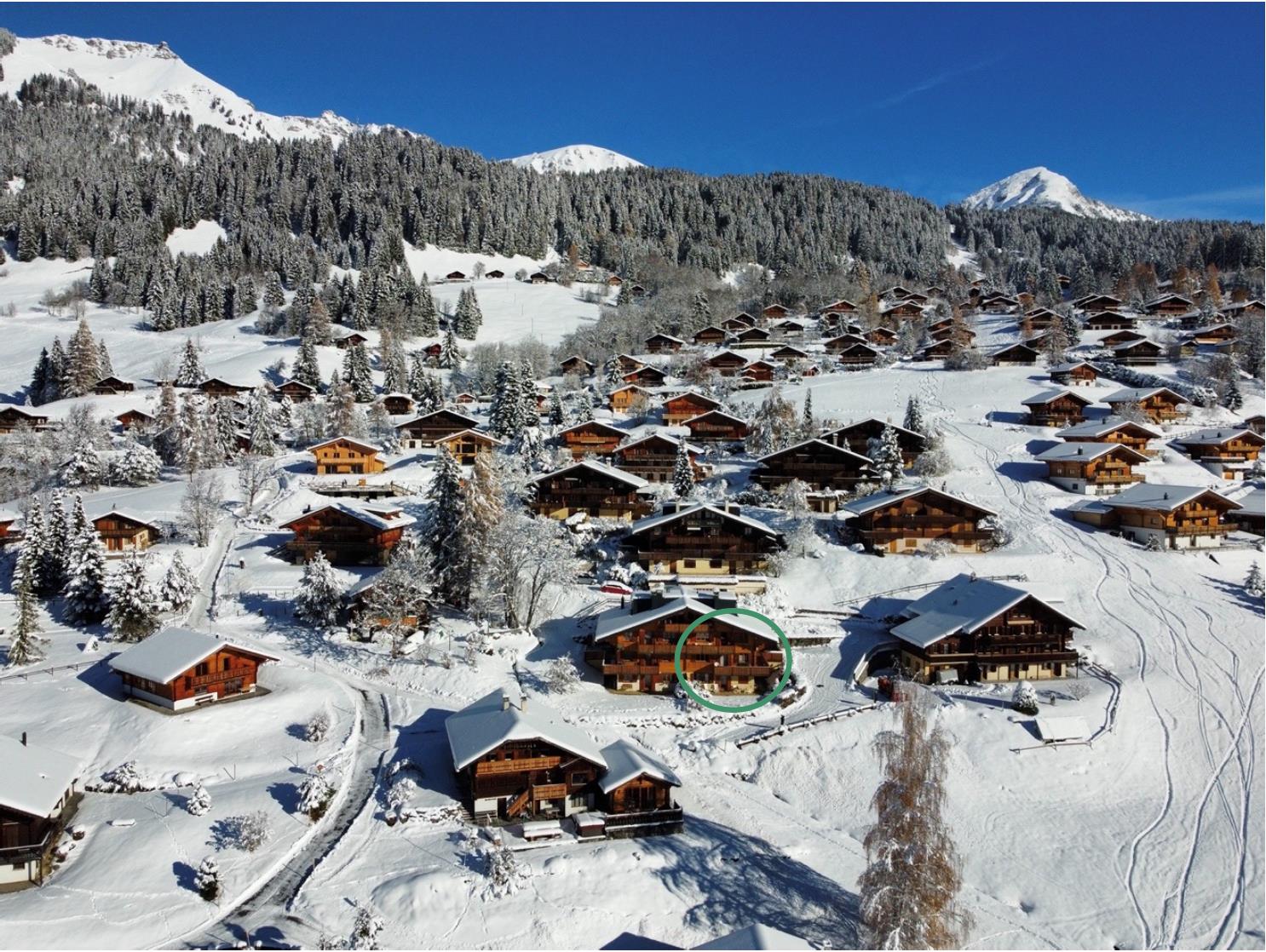 Schneebedecktes Alpendorf mit Chalets