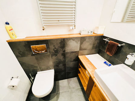 Modernes Gäste-WC mit dunkler Wandverkleidung