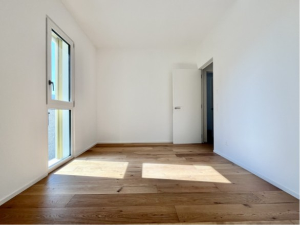 Leerer, heller Raum mit Holzboden und Tür