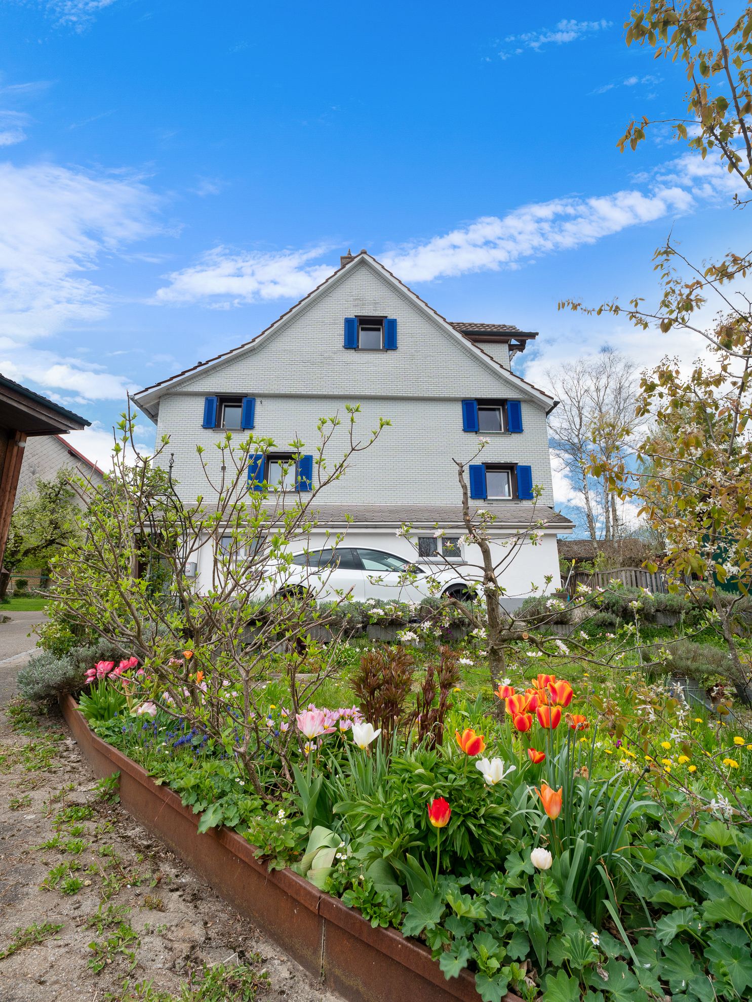 Wohnhaus mit Garten im Vordergrund
