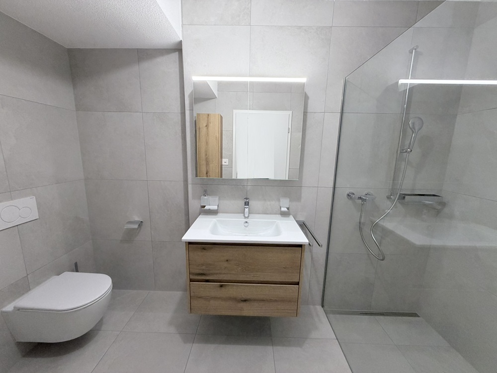 Modernes Badezimmer mit Walk-in-Dusche und hängendem WC