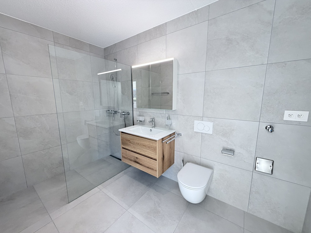 Modernes Badezimmer mit Walk-in-Dusche und Wand-WC