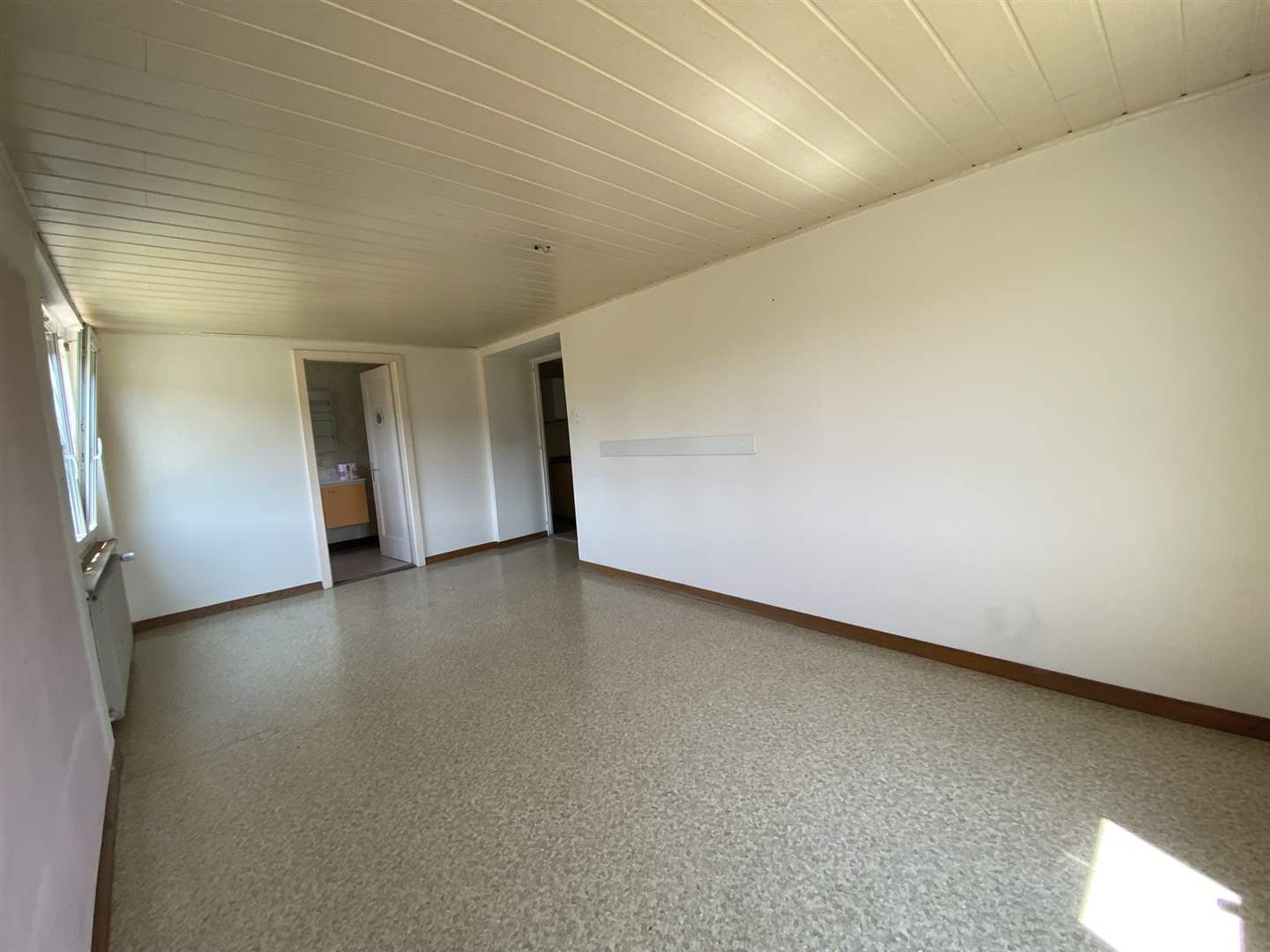Helles, leeres Innenzimmer mit weißer Holzdecke und zwei Türen