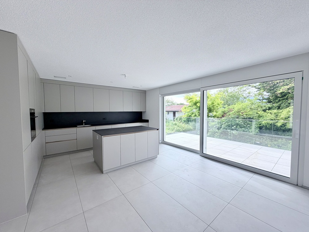 Moderne, offene Küche mit Terrasse