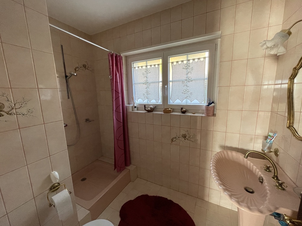 Badezimmer mit rosa Fliesen und Fenster