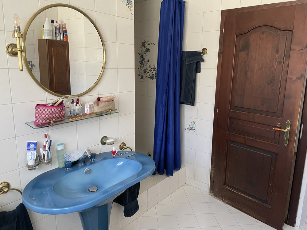 Badezimmer mit blauem Waschbecken und Holztür