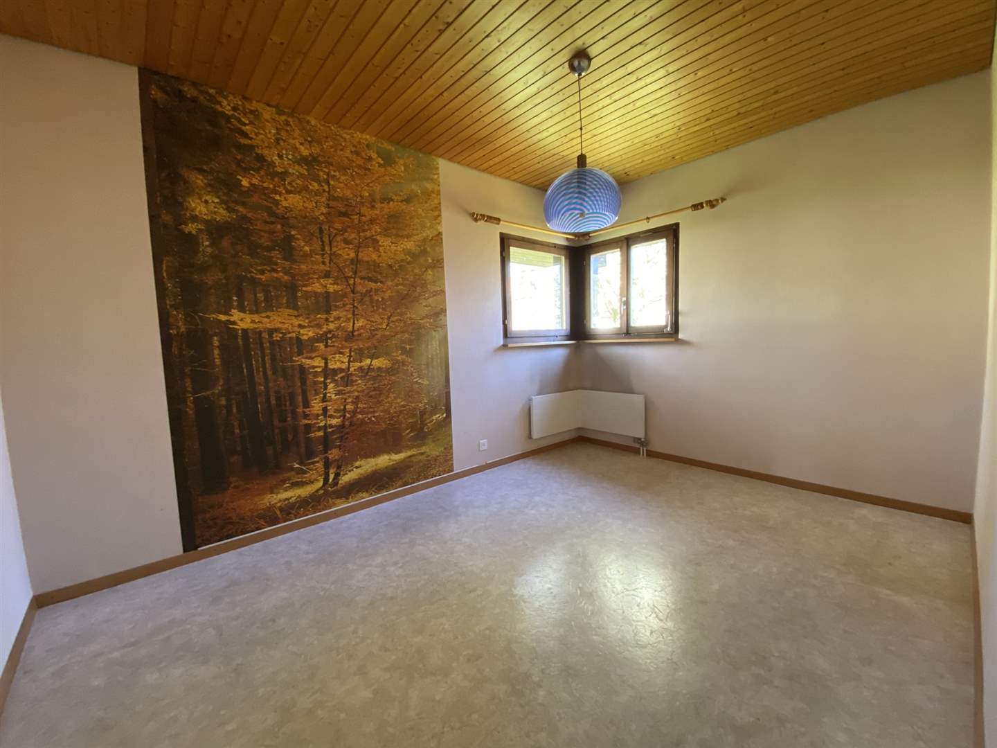 Leerer Wohnraum mit Holzdecke und Fenster