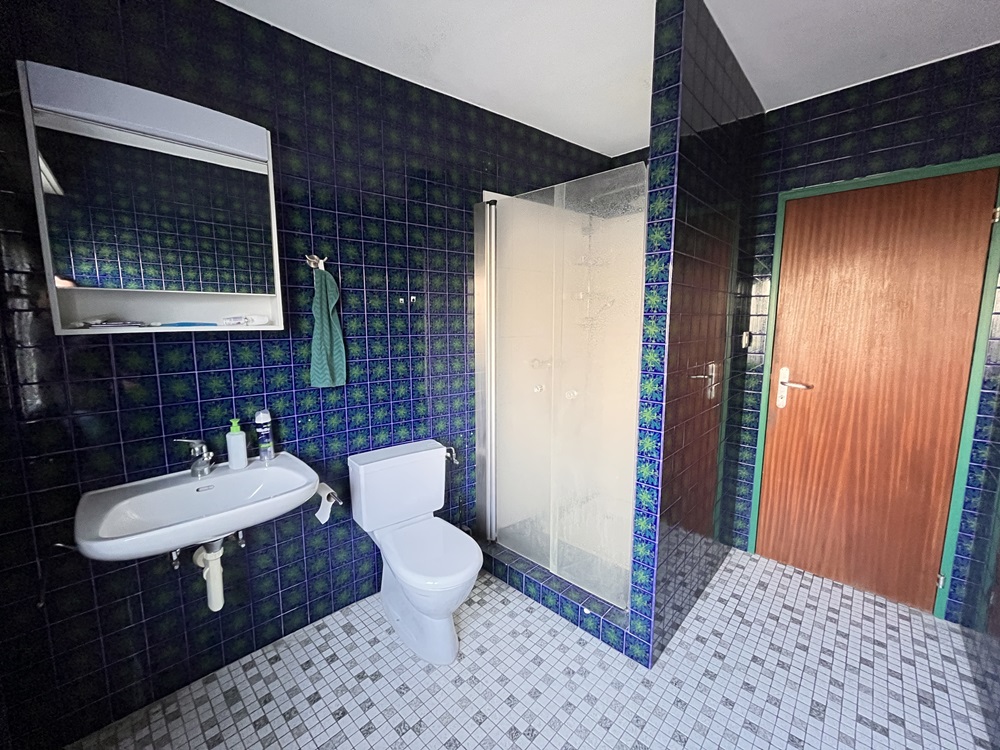 Badezimmer mit farbigen Fliesen und Dusche