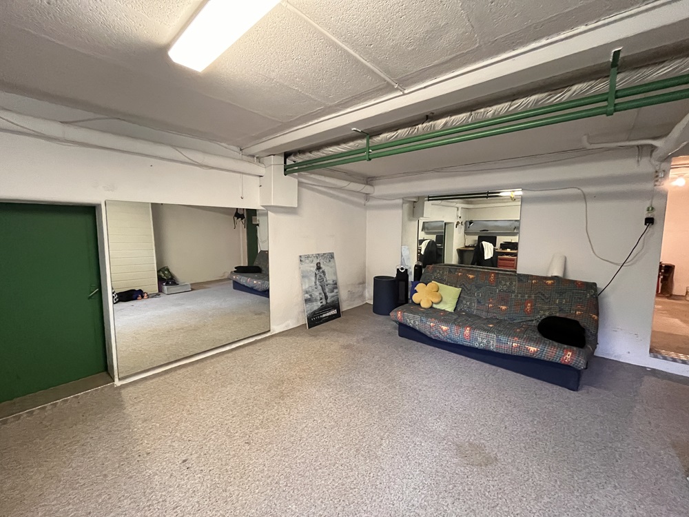 Kellerraum mit Sofa und Spiegelwand