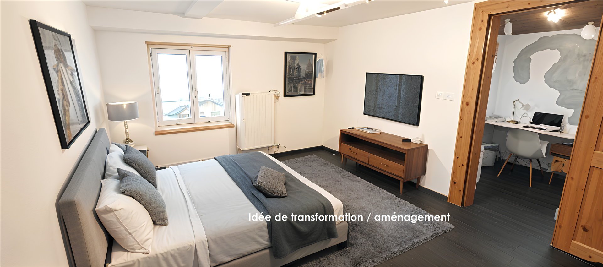Schlafzimmer mit angrenzendem Arbeitsbereich