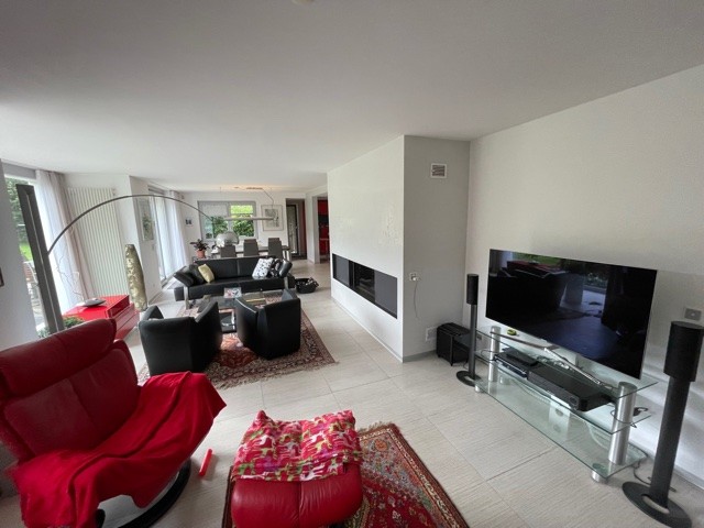 Modernes Wohnzimmer mit Kamin und TV-Ecke