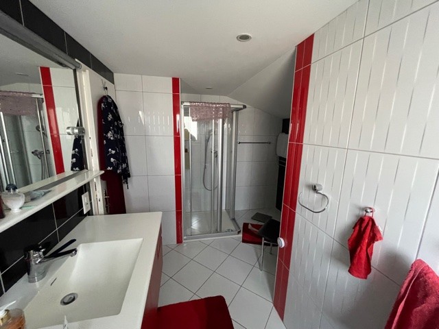Modernes Badezimmer mit roter Akzentgestaltung