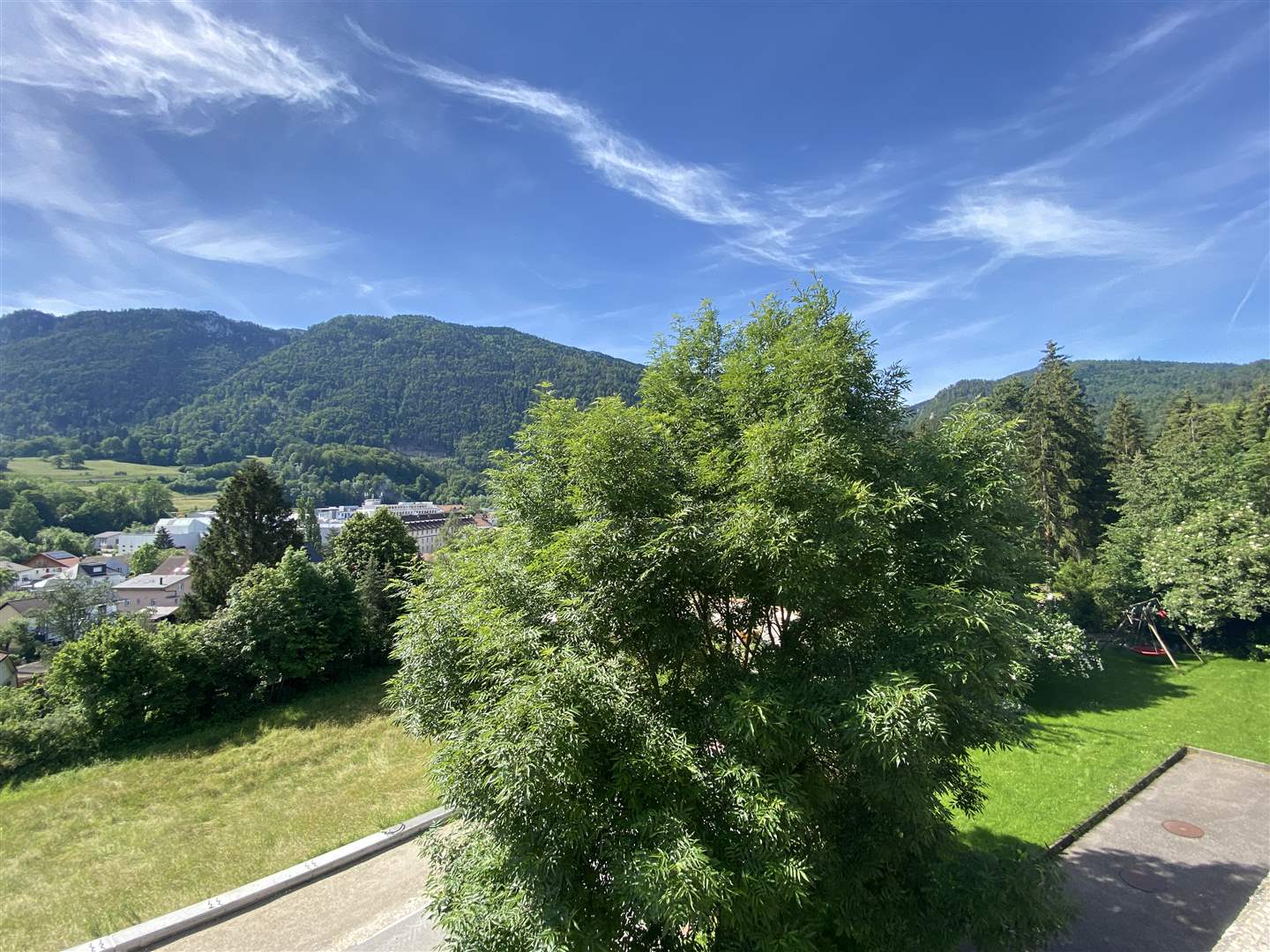 Bergblick über einen grünen Garten