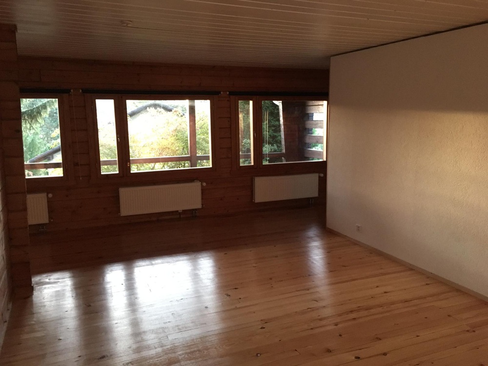 Leerer Wohnraum mit Holzverkleidung und Blick ins Grüne