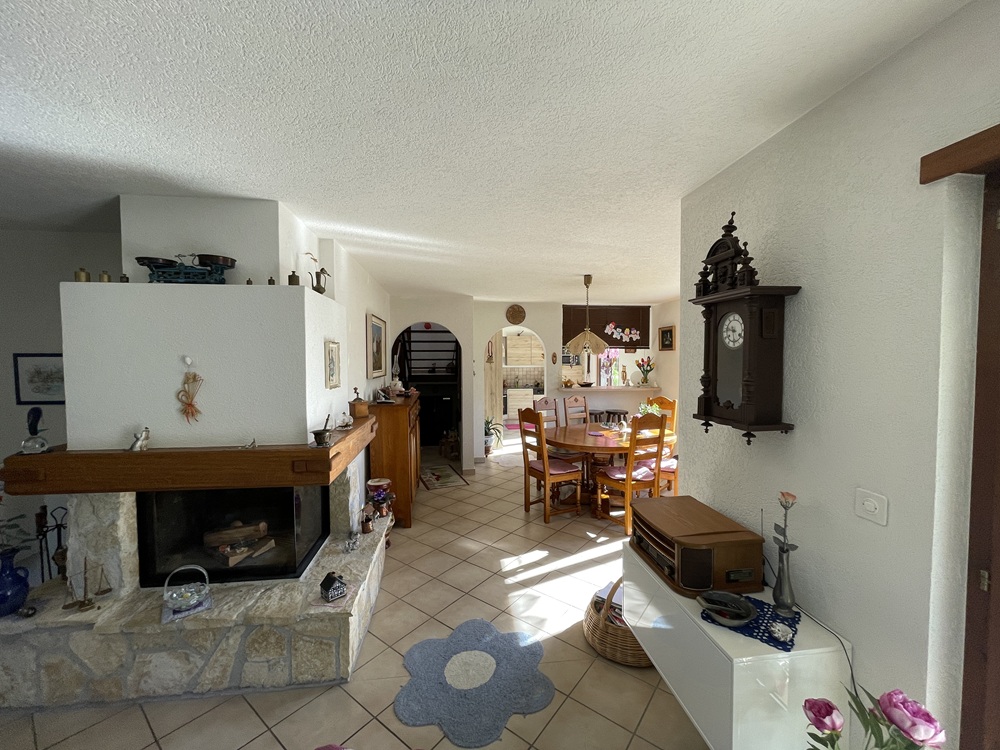 Wohnzimmer mit Kamin und Essbereich