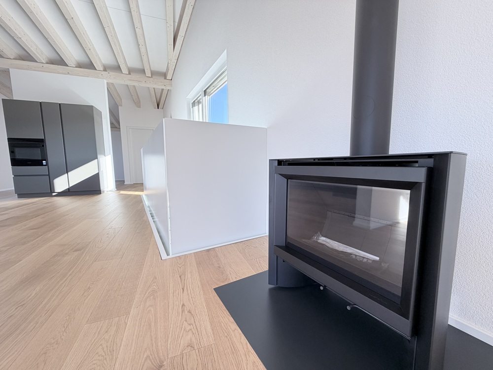 Offener Wohnbereich mit Kamin und Küche