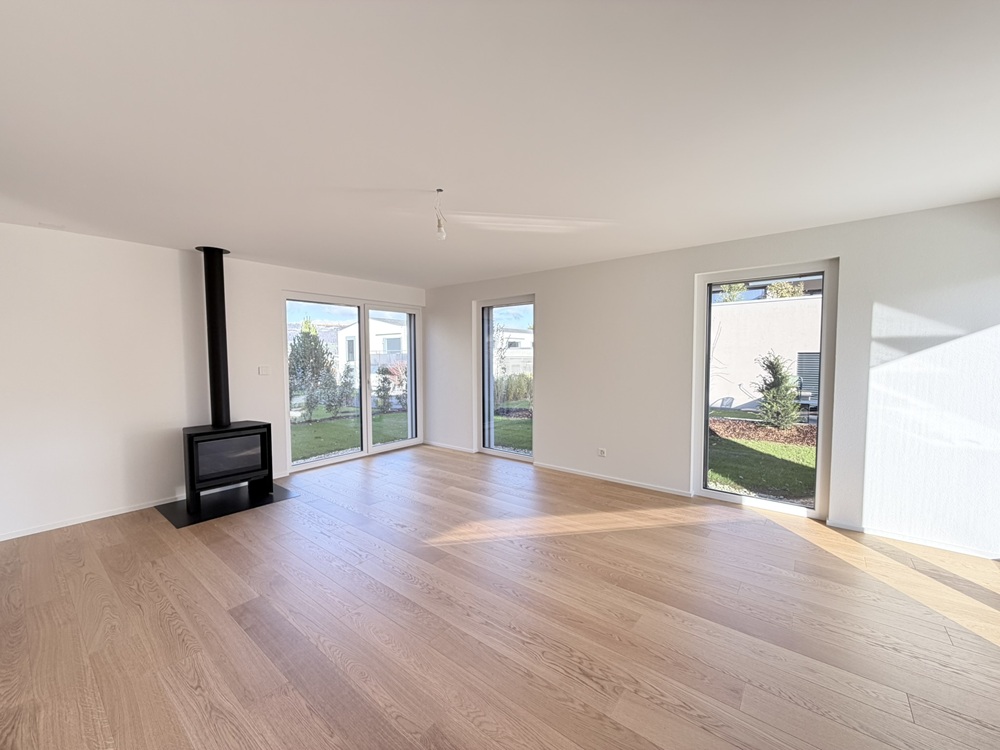 Großer leerer Wohnraum mit Kamin und Gartenblick